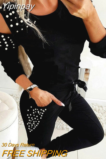 Yipinpay Women's Casual 2 Piece Outfits Hollow Out Design Beading Decor O-Neck Long/Short Sleeve Solid Top+Drawstring Slim Pencil Pants
